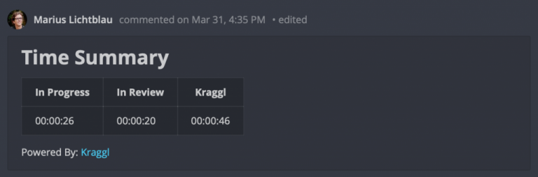 Kraggl automatically creates and updates comments with a summary of the time you spent on the card.