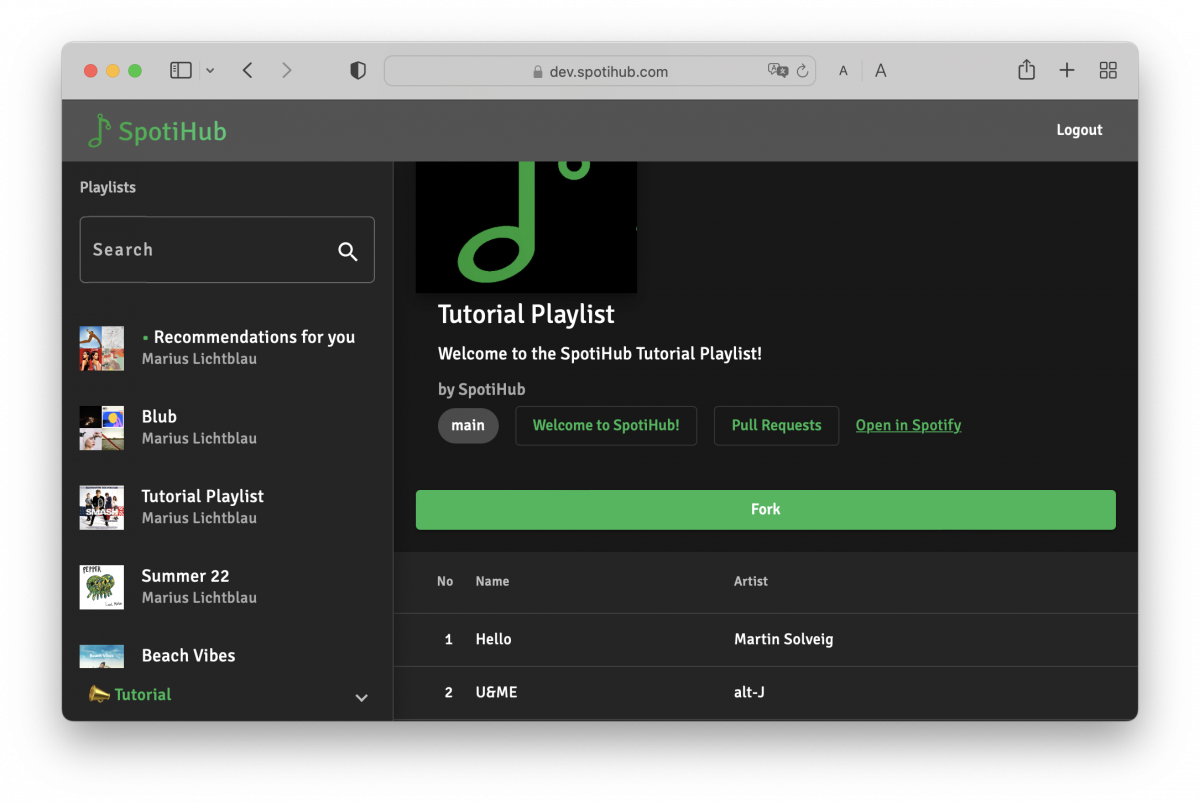 Fork a playlist by clicking the Fork button